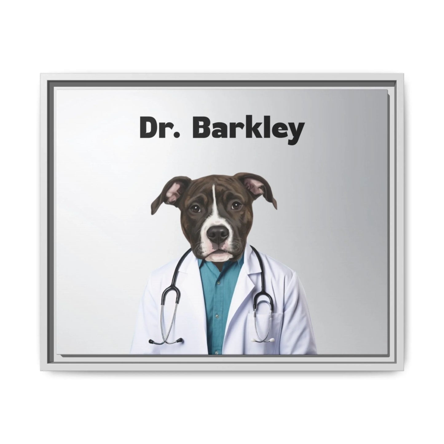 Custom Dog Canvas, Dr Barkley design with white frame