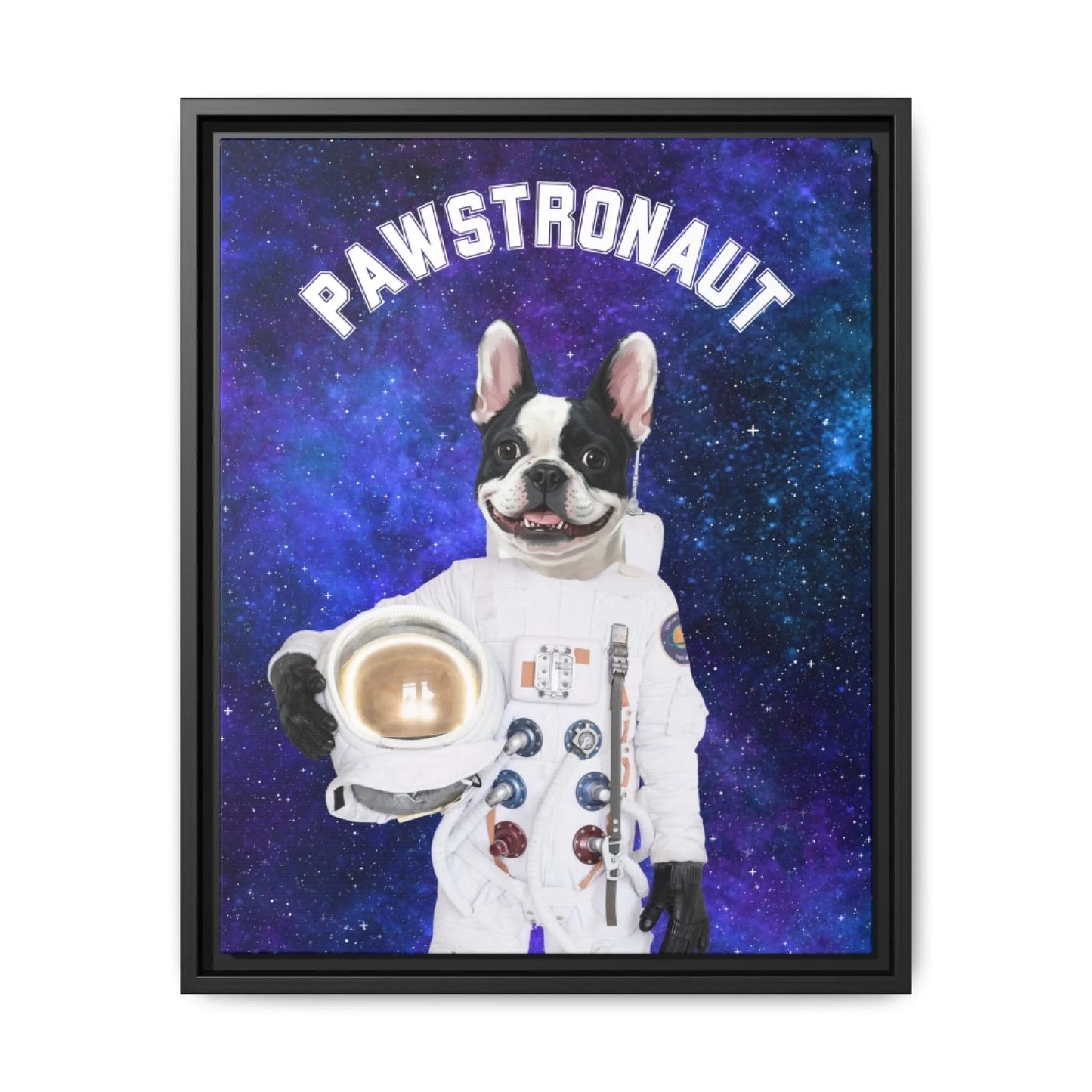 Custom Dog Canvas, Pawstronaut design with black frame