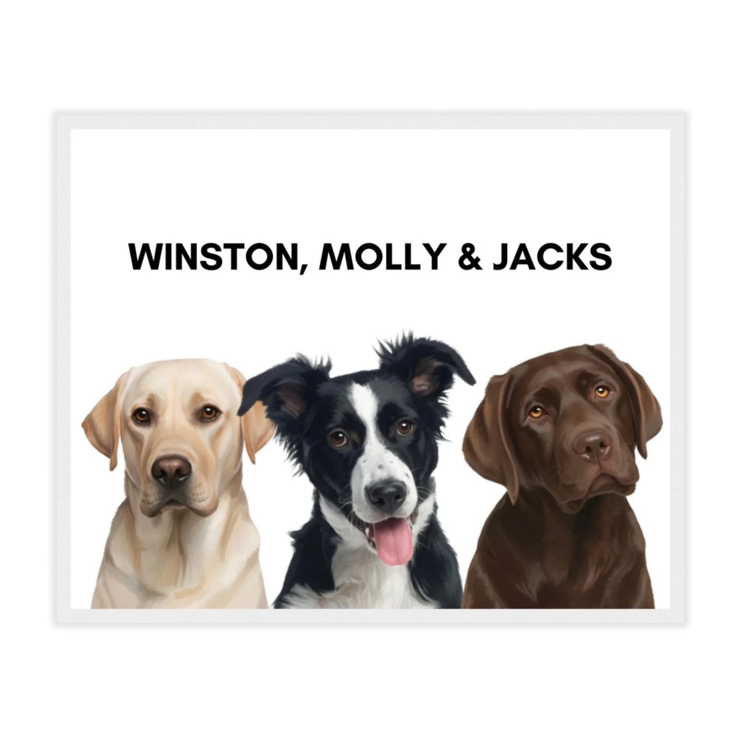 White frame painted dog portrait poster with three pets, bright modern décor
