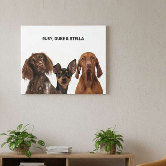 Custom Dog Canvas, Painted Dog Portrait 3 Pets, lifestyle room view