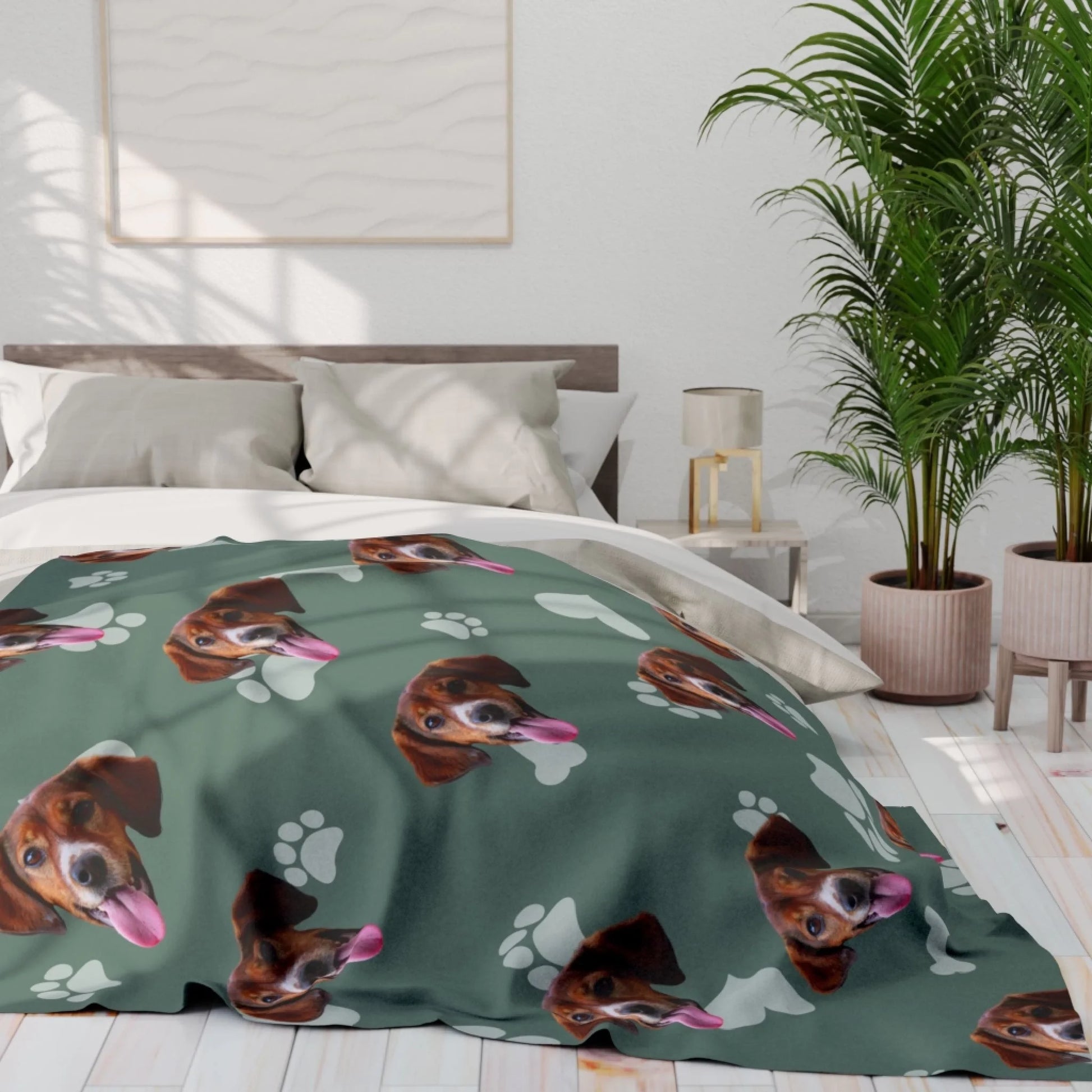 Custom Dog Blanket, Dog Faces Green, lifestyle view 2