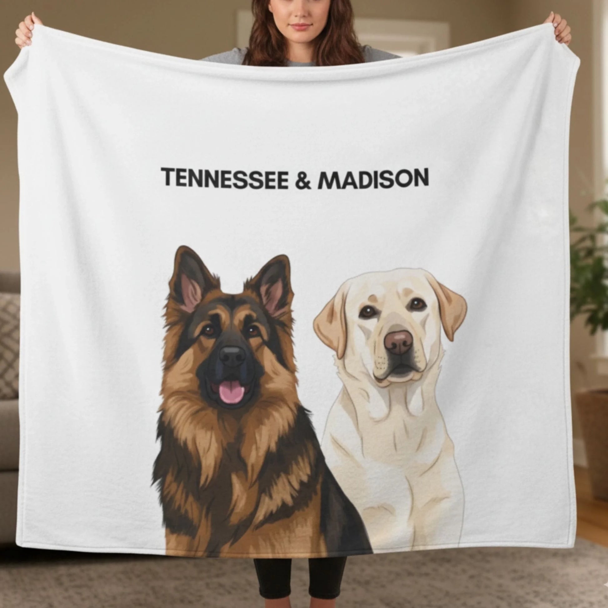 Custom Dog Blanket, Painted Dog Portrait 2 Pets, cozy lifestyle view