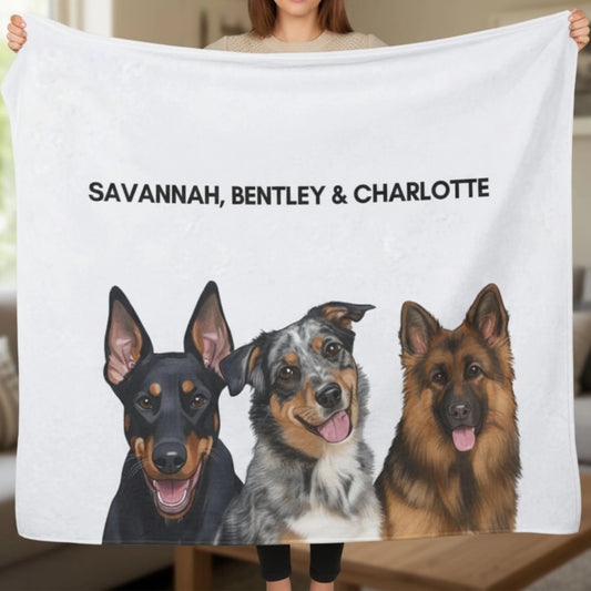 Custom Dog Blanket, Painted Dog Portrait 3 Pets, cozy lifestyle view