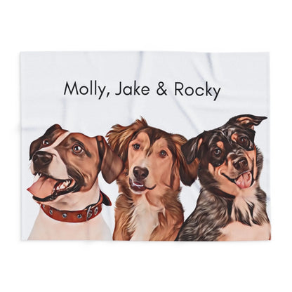 Custom Dog Blanket, Painted Dog Portrait 3 Pets, flat view