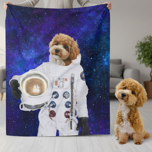 Custom Dog Blanket Pawstronaut with real dog next to it