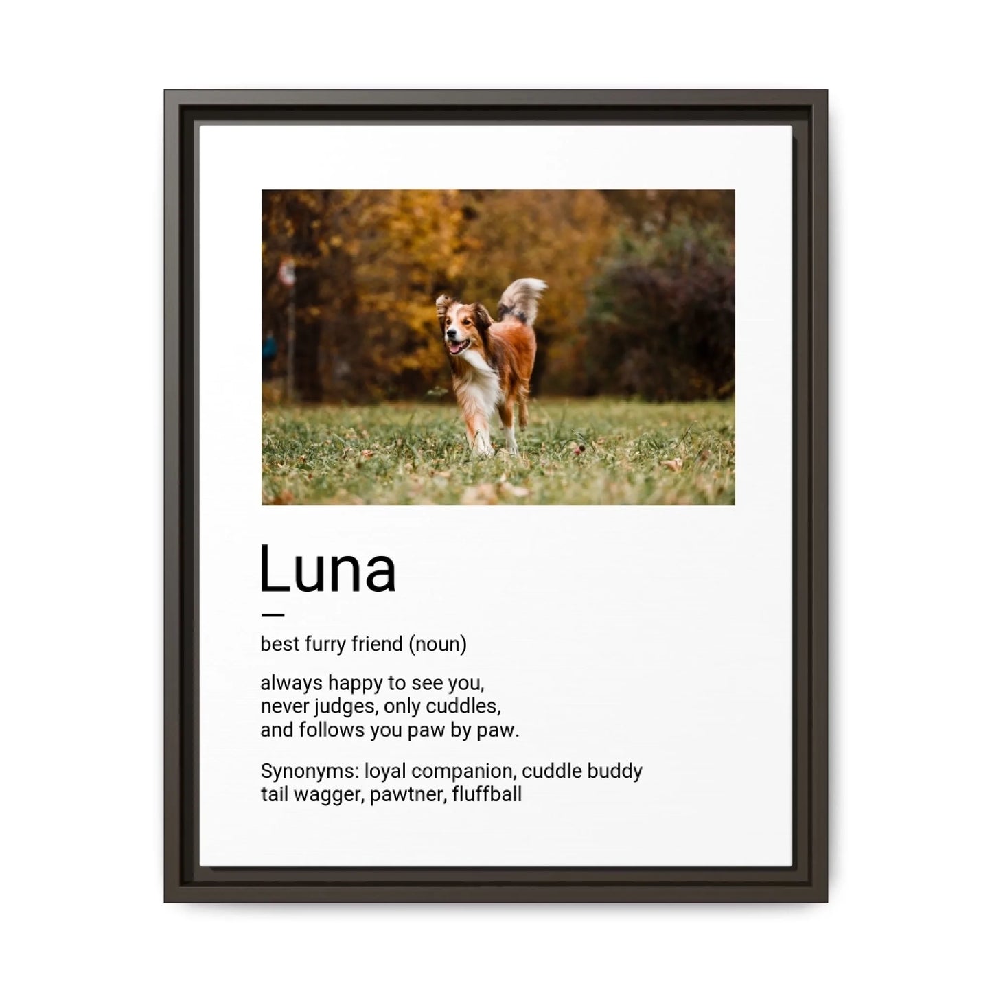Custom Dog Canvas, Best Furry Friend Definition artwork with dark brown frame