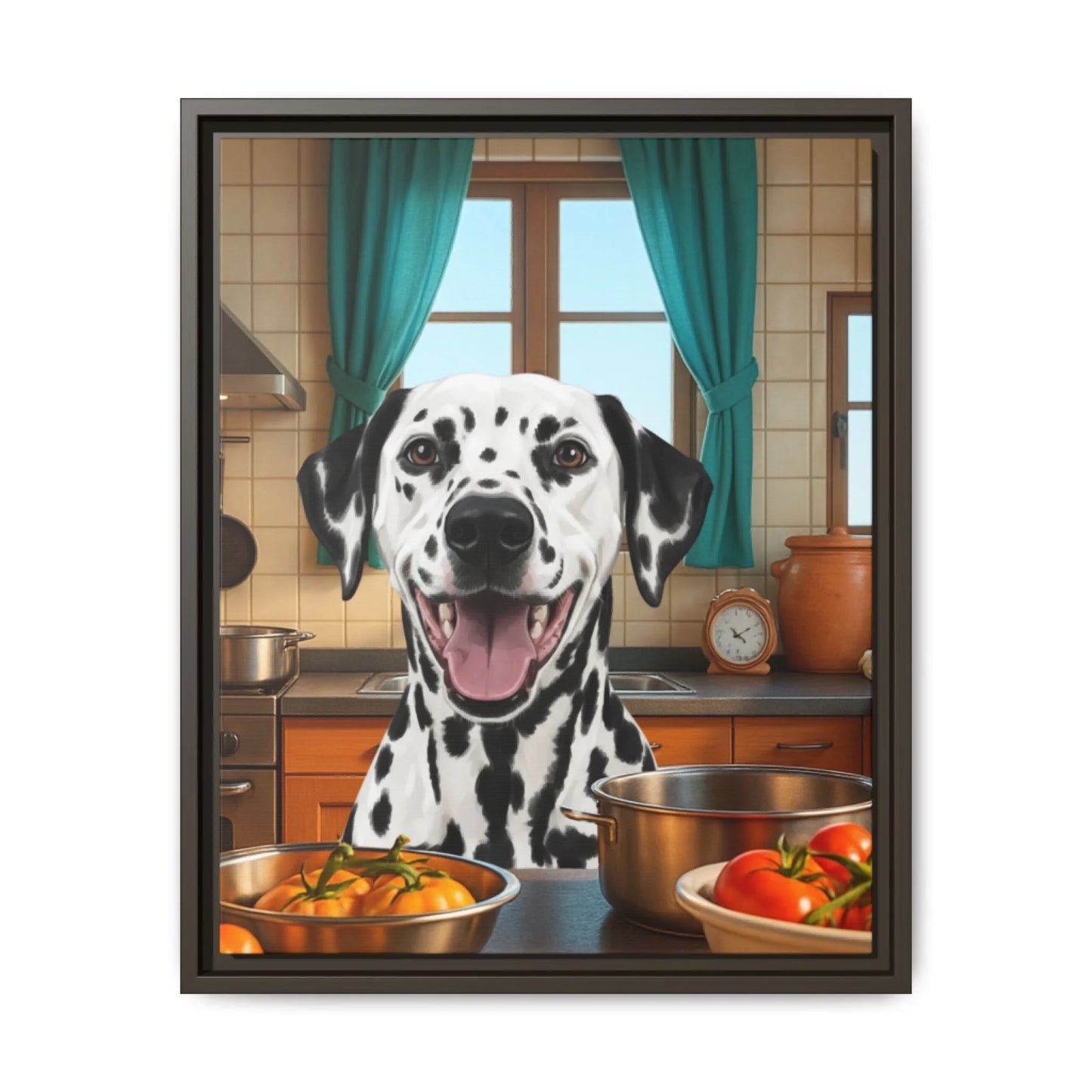 Custom Dog Canvas, Cooking Dog artwork with dark brown frame