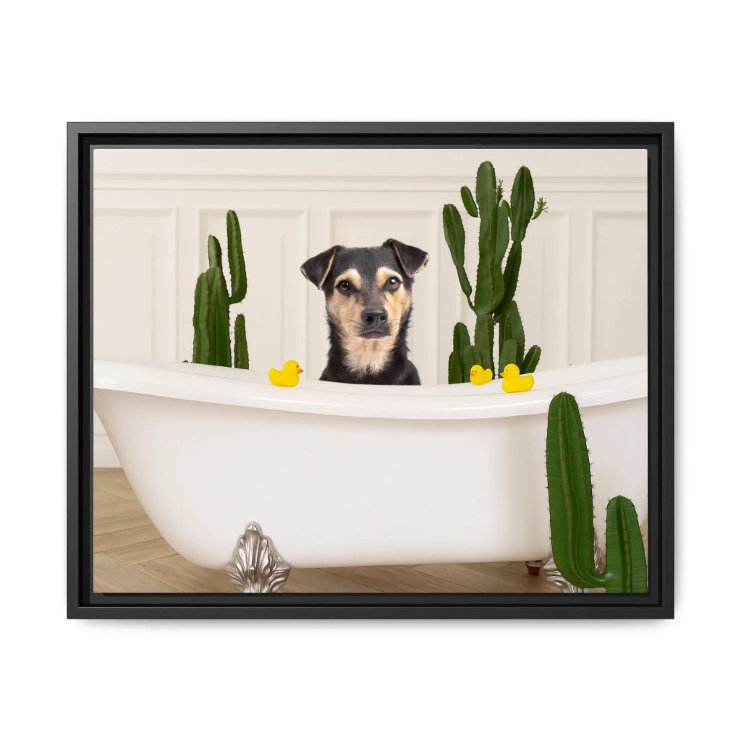 Custom Dog Canvas, Dog in Bathtub design with black frame
