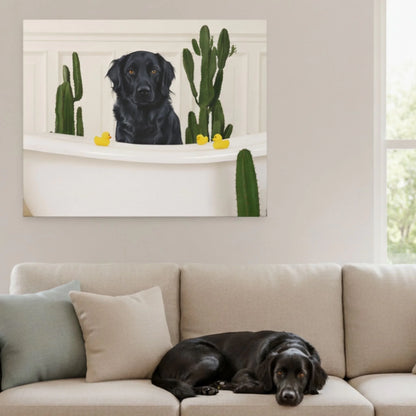 Custom Dog Canvas, Dog in Bathtub, lifestyle bathroom view