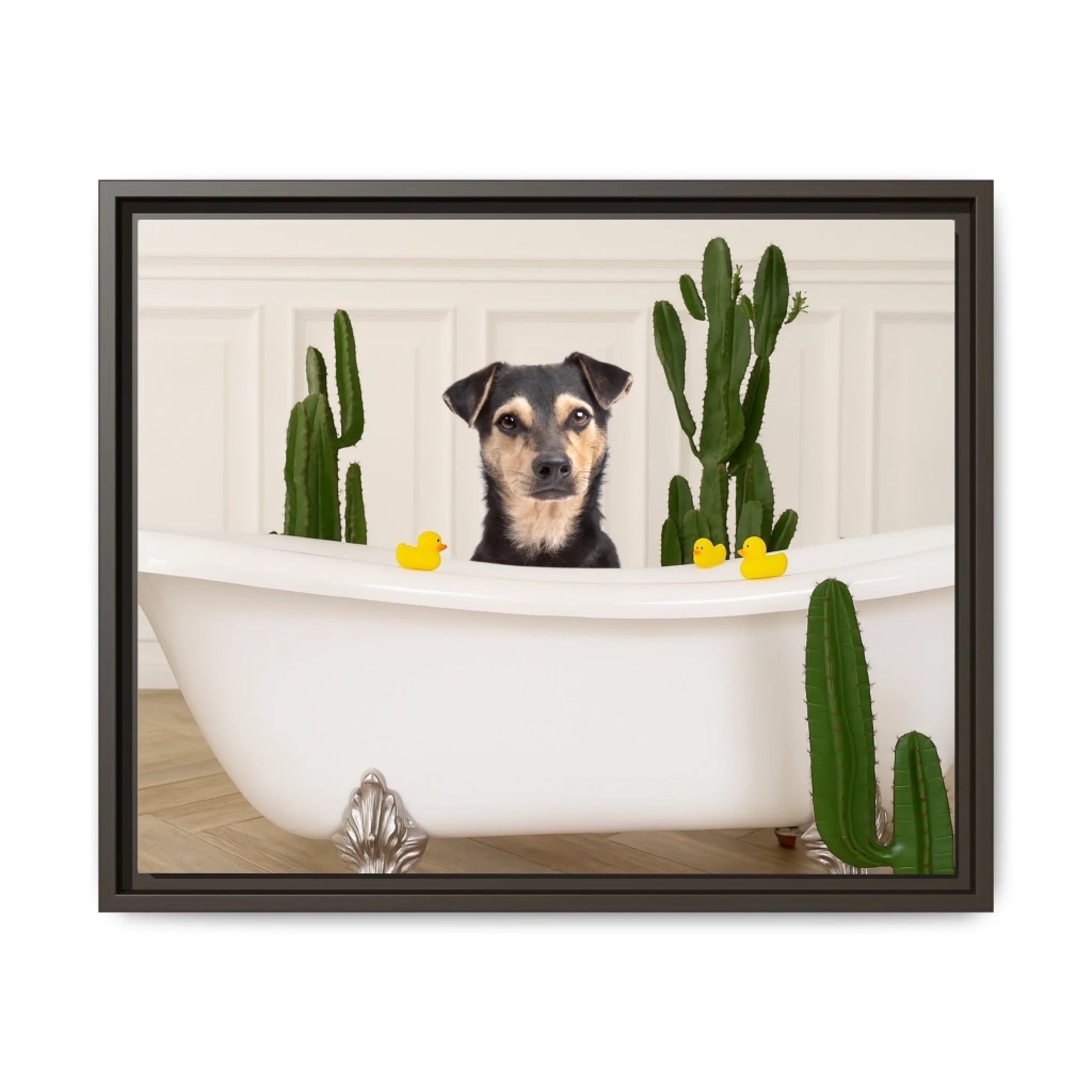 Custom Dog Canvas, Dog in Bathtub, dark brown frame version