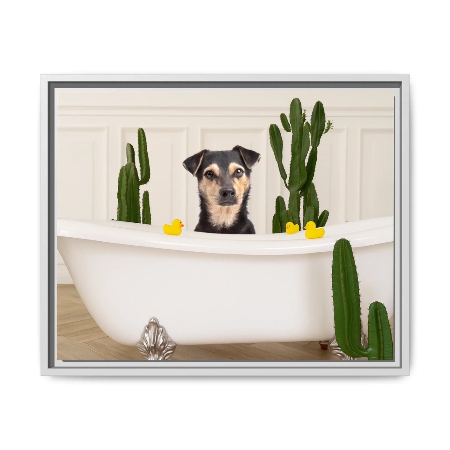 Custom Dog Canvas, Dog in Bathtub design with white frame
