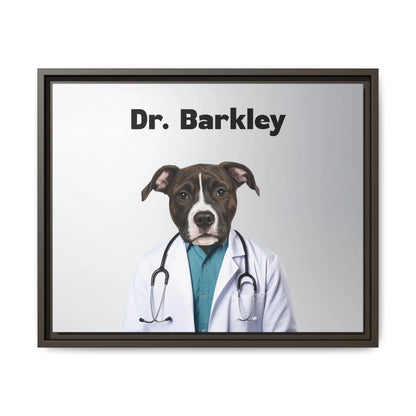 Custom Dog Canvas, Dr Barkley artwork with dark brown frame