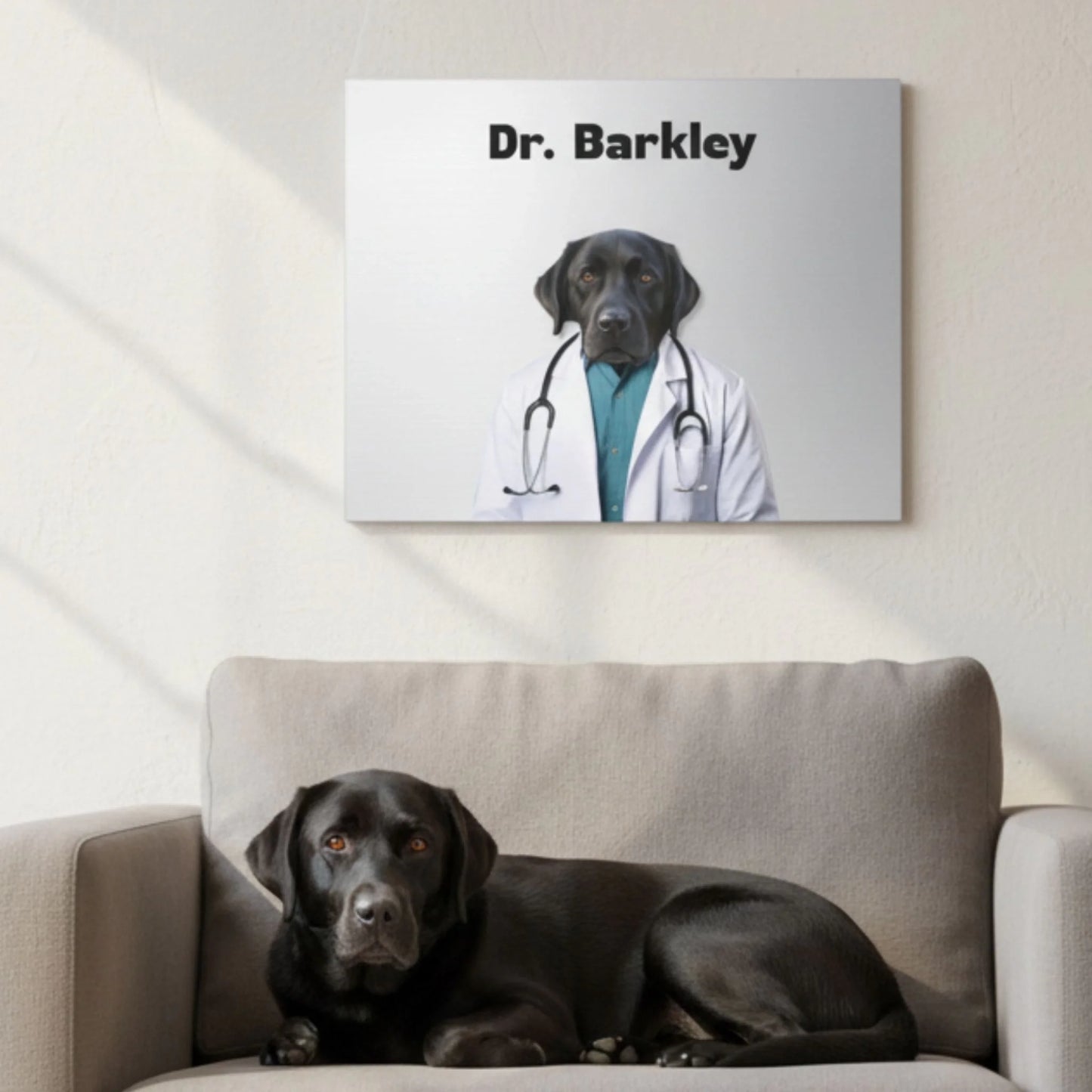 Custom Dog Canvas, Dr Barkley, lifestyle room view