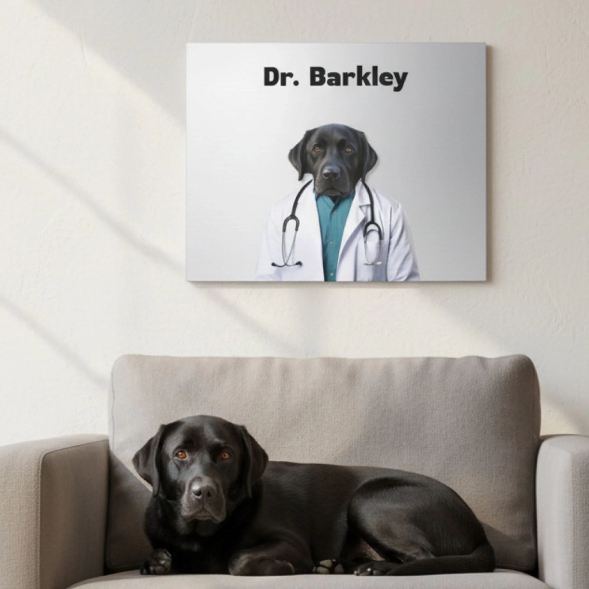 Custom Dog Canvas, Dr Barkley, lifestyle room view