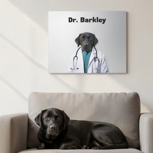 Custom Dog Canvas, Dr Barkley, lifestyle room view