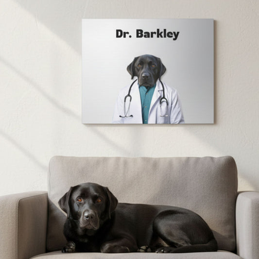 Custom Dog Canvas, Dr Barkley, lifestyle room view