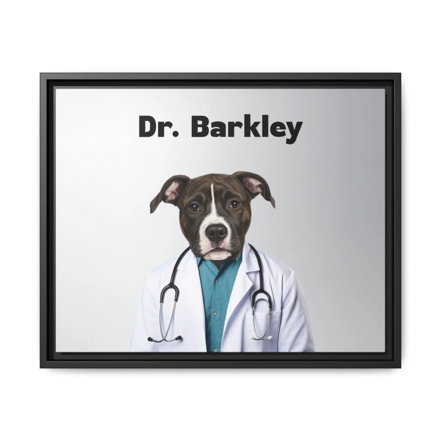 Custom Dog Canvas, Dr Barkley, black frame version
