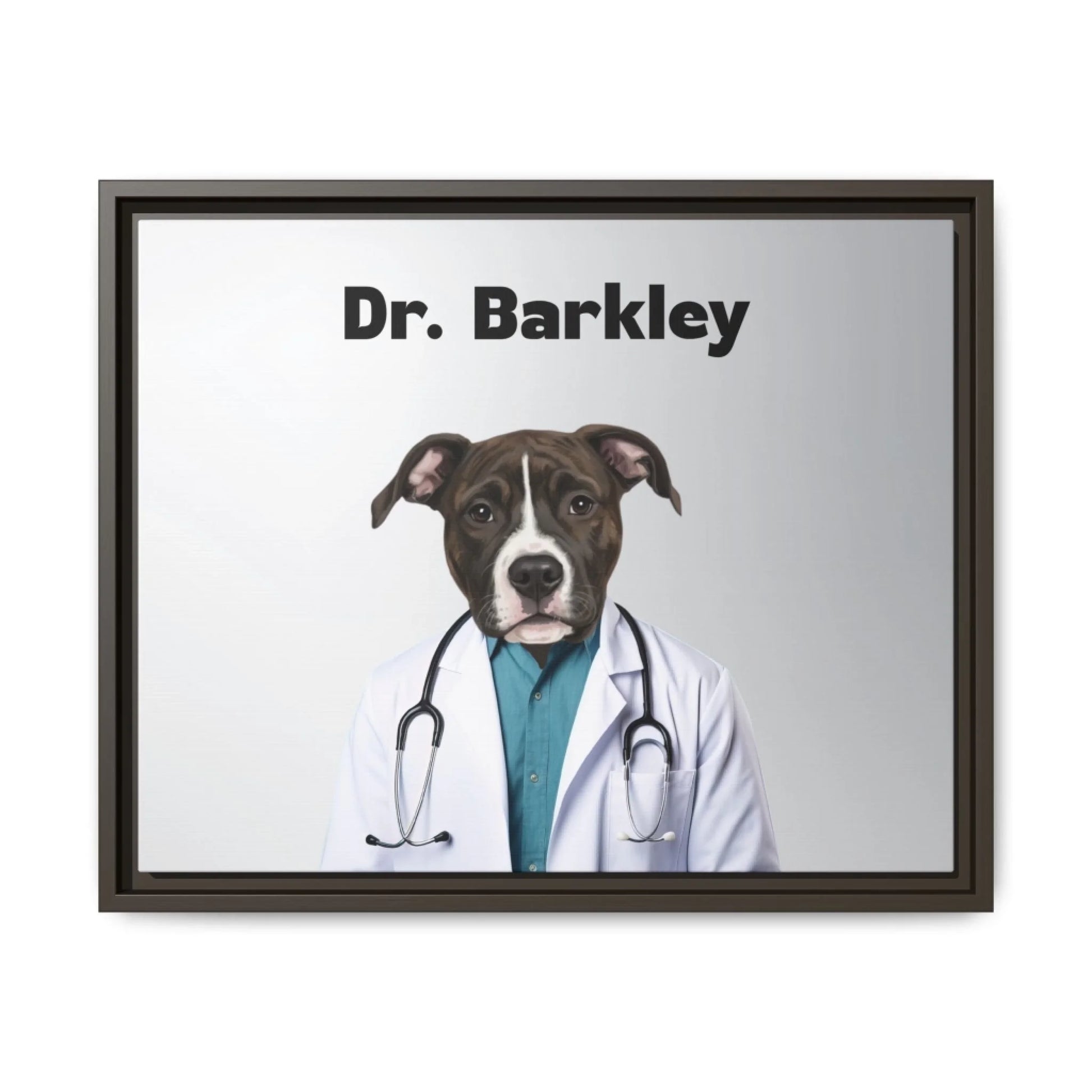 Custom Dog Canvas, Dr Barkley, dark brown frame version