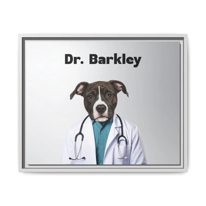 Custom Dog Canvas, Dr Barkley, white frame version
