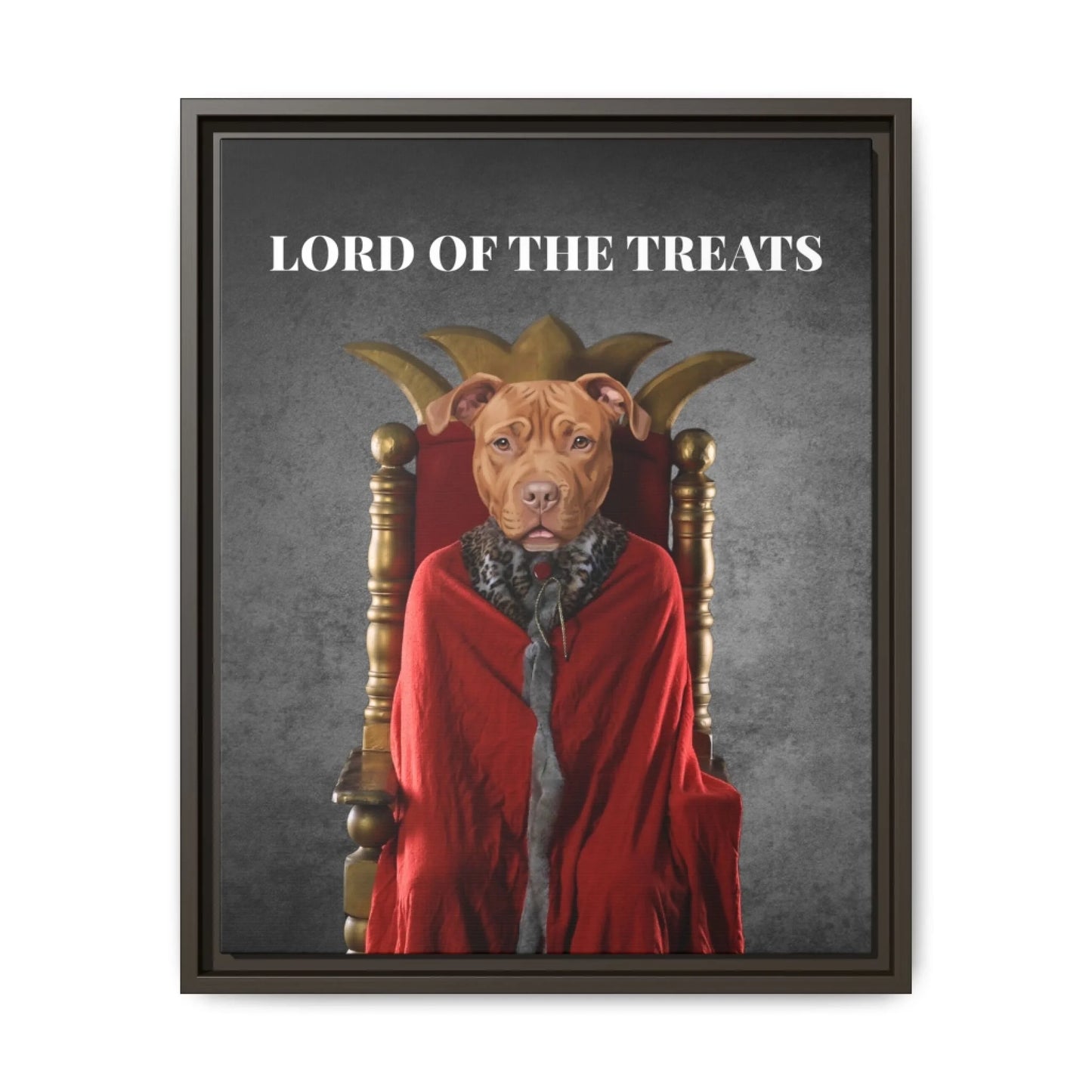 Custom Dog Canvas, Lord of the Treats artwork with dark brown frame