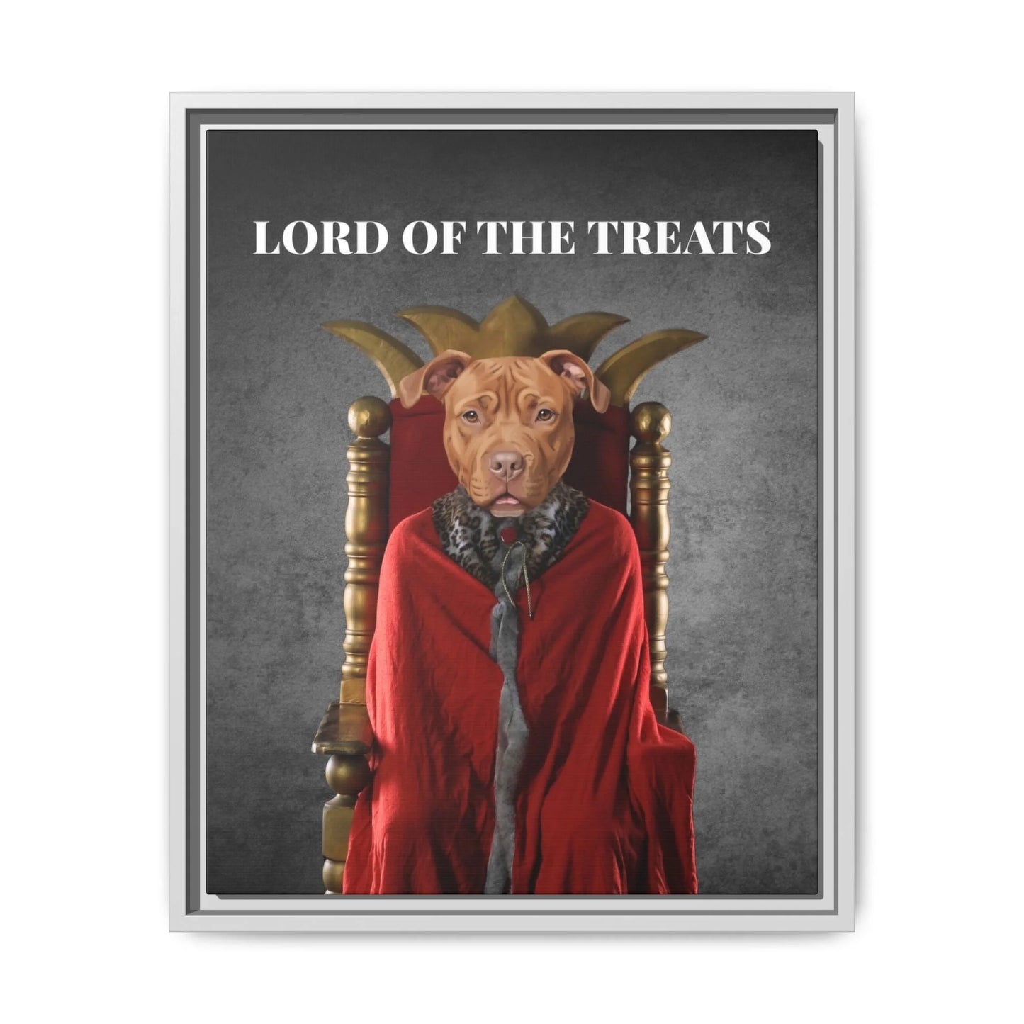 Custom Dog Canvas, Lord of the Treats design with white frame