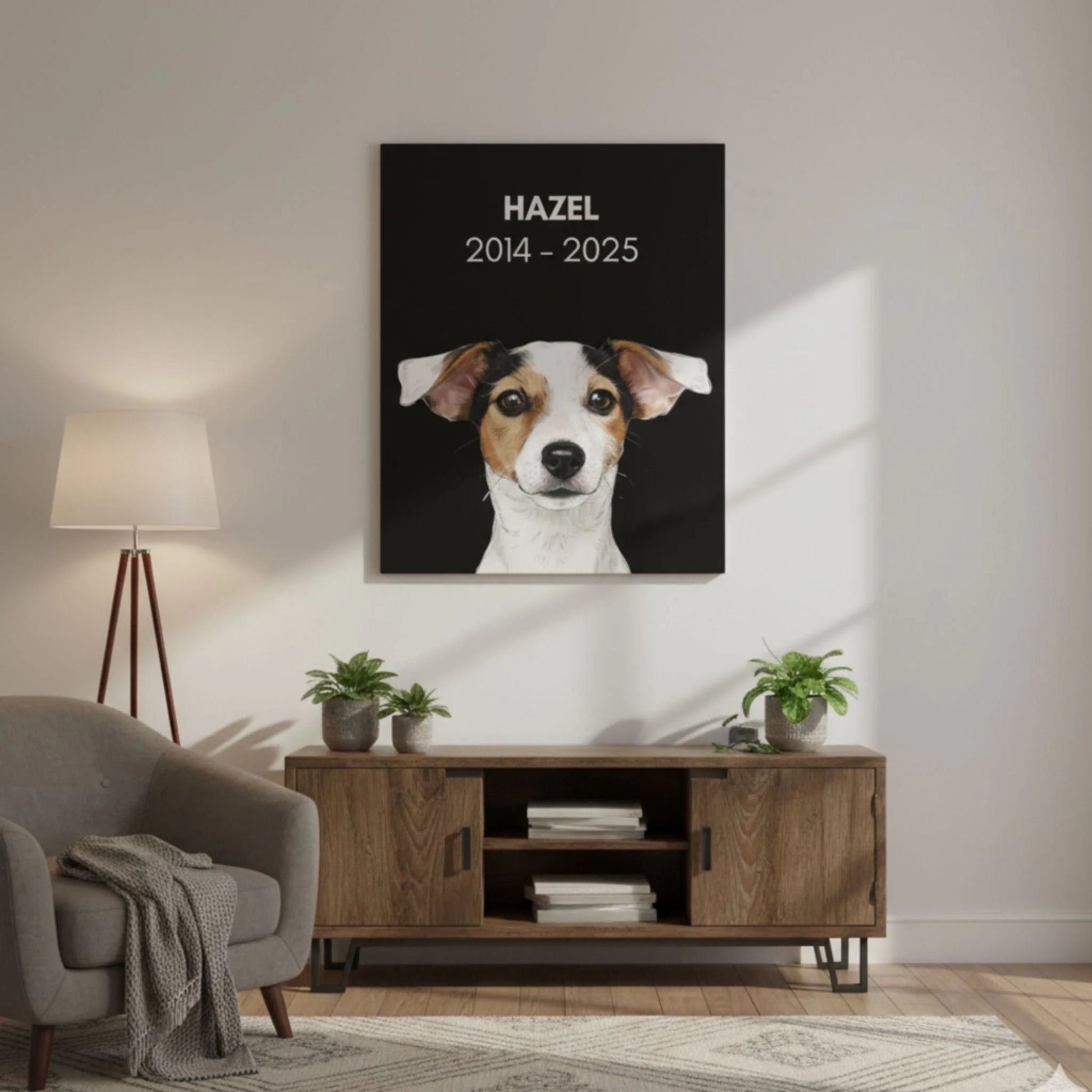 Custom Dog Canvas, Memorial with Dates, lifestyle room view