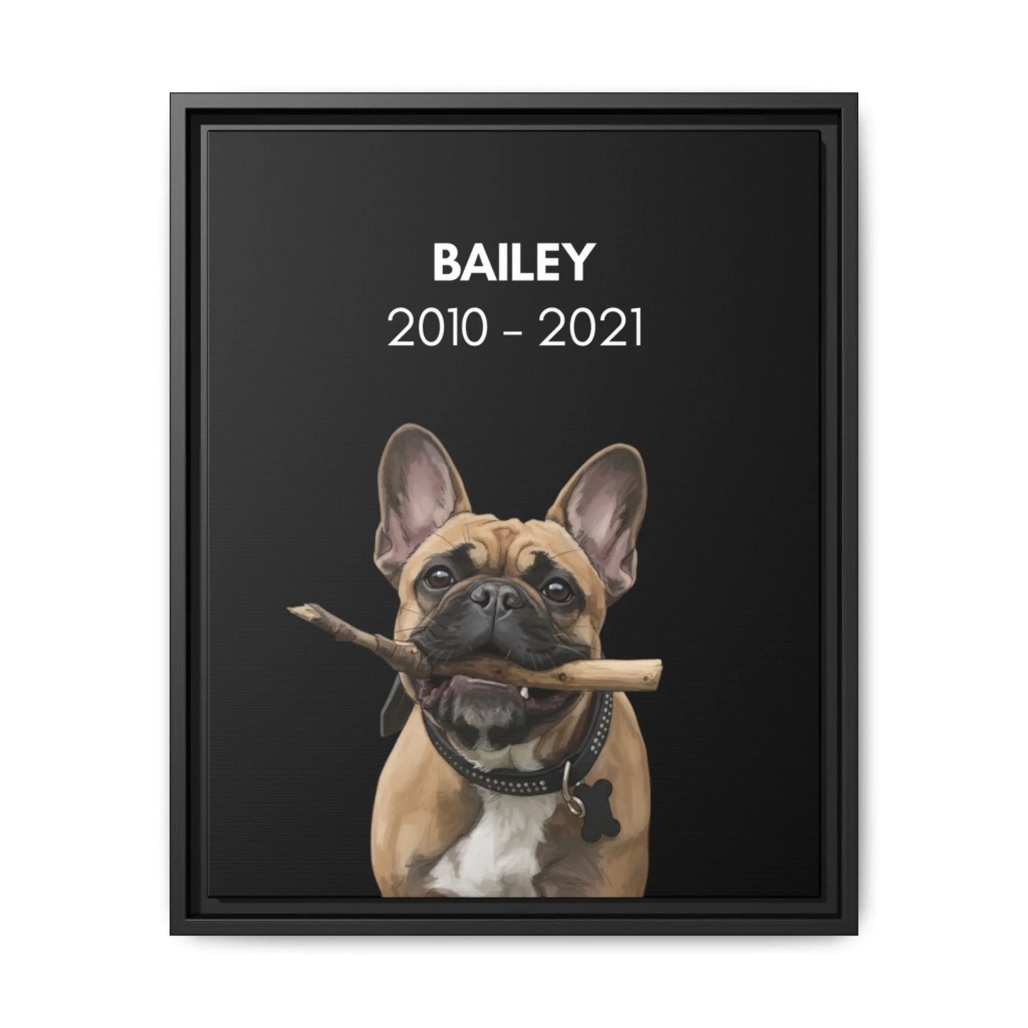 Custom Dog Canvas, Memorial with Dates, black frame version