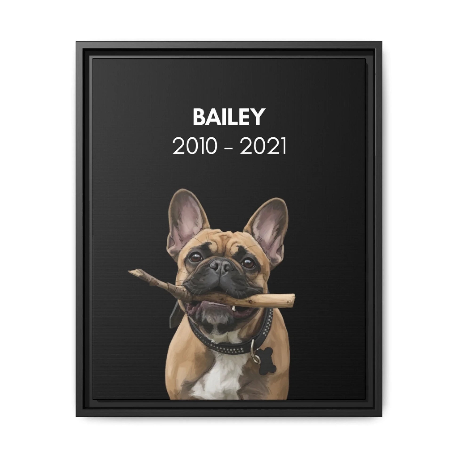 Custom Dog Canvas, Memorial with Dates, black frame version