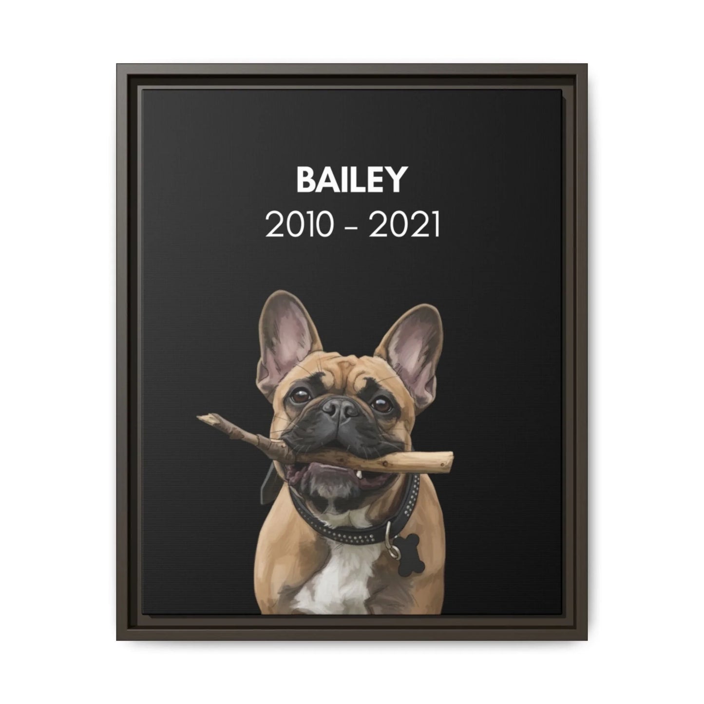 Custom Dog Canvas, Memorial with Dates, dark brown frame version