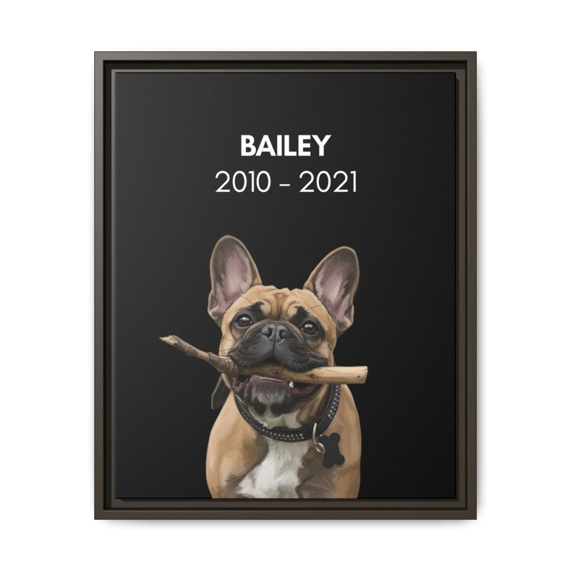 Custom Dog Canvas, Memorial with Dates, dark brown frame version