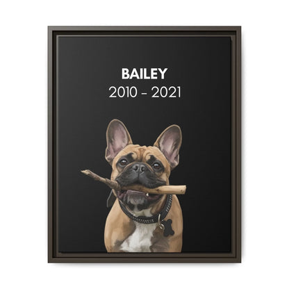 Custom Dog Canvas, Memorial with Dates, dark brown frame version