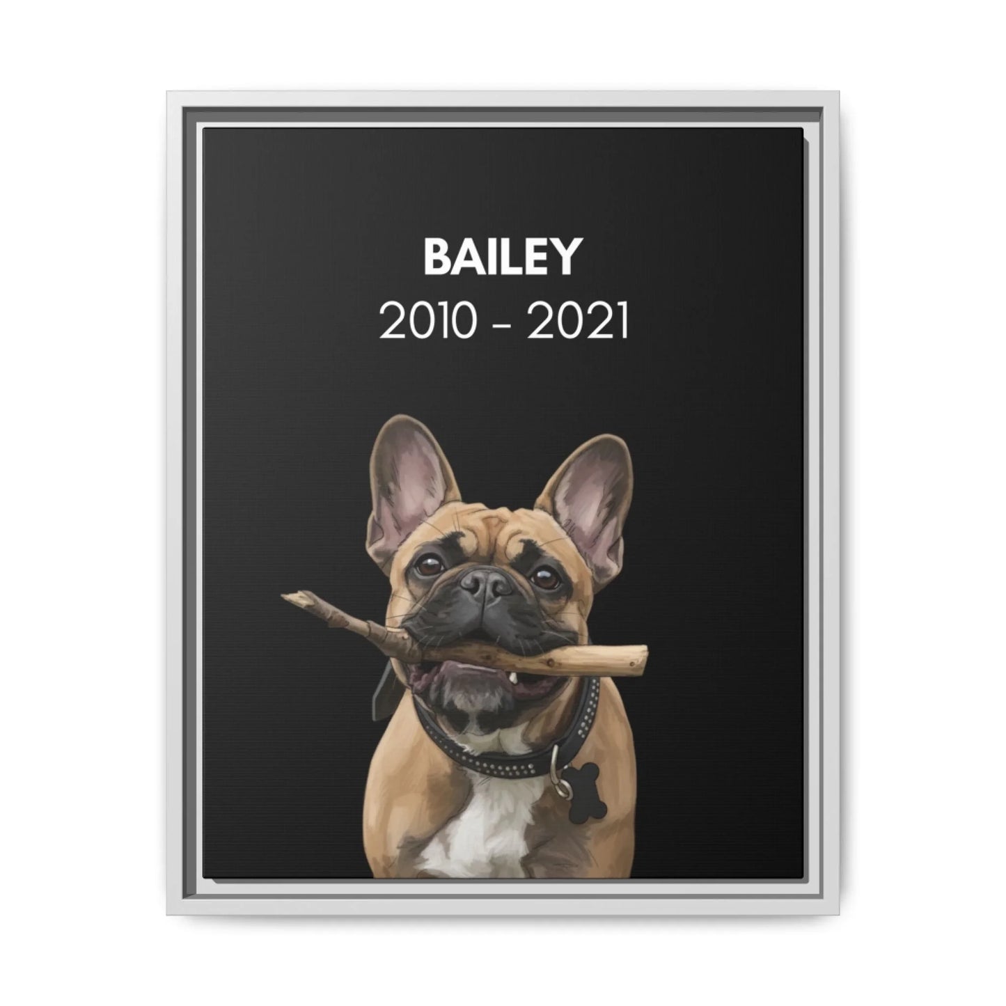 Custom Dog Canvas, Memorial with Dates, white frame version