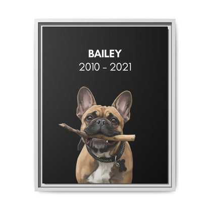 Custom Dog Canvas, Memorial with Dates, white frame version
