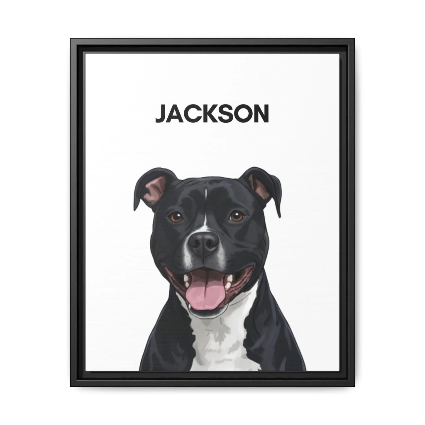 Custom dog canvas with black frame, painted dog portrait wall art