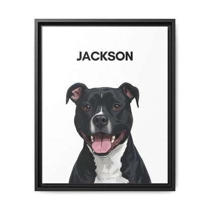 Custom dog canvas with black frame, painted dog portrait wall art