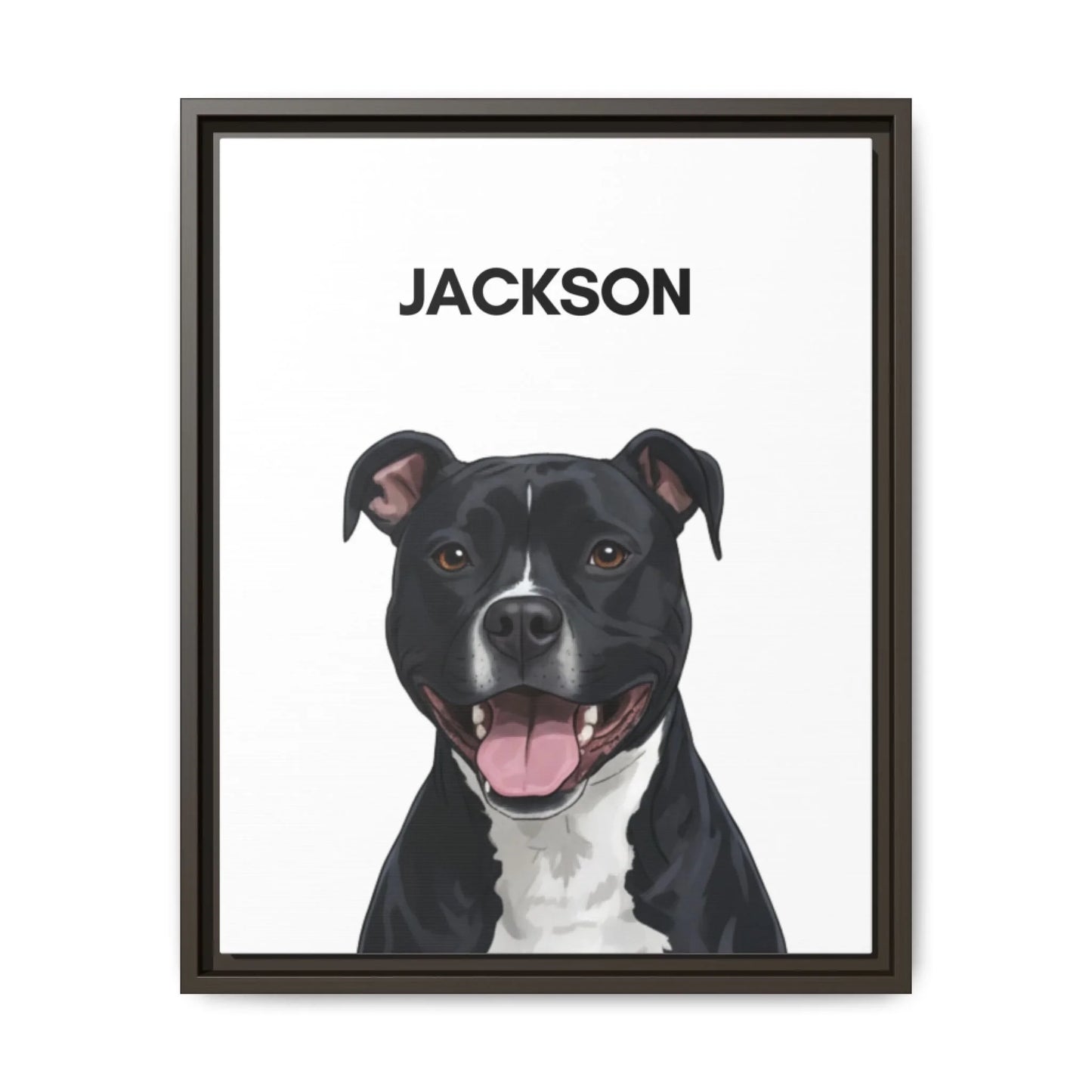 Custom dog canvas with dark brown frame, premium painted dog portrait