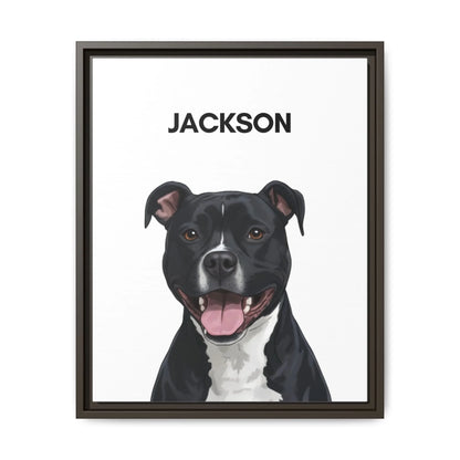 Custom dog canvas with dark brown frame, premium painted dog portrait
