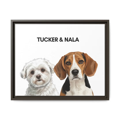 Custom painted dog portrait canvas with dark brown frame featuring two pets