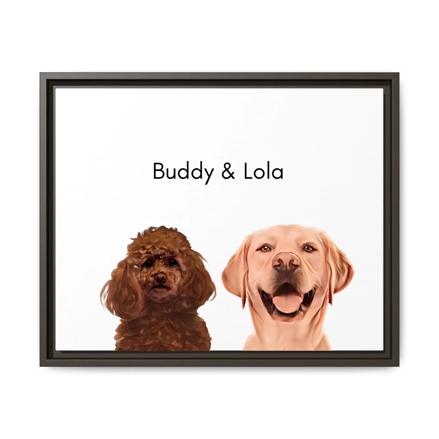 Custom Dog Canvas, Painted Dog Portrait 2 Pets, dark brown frame version
