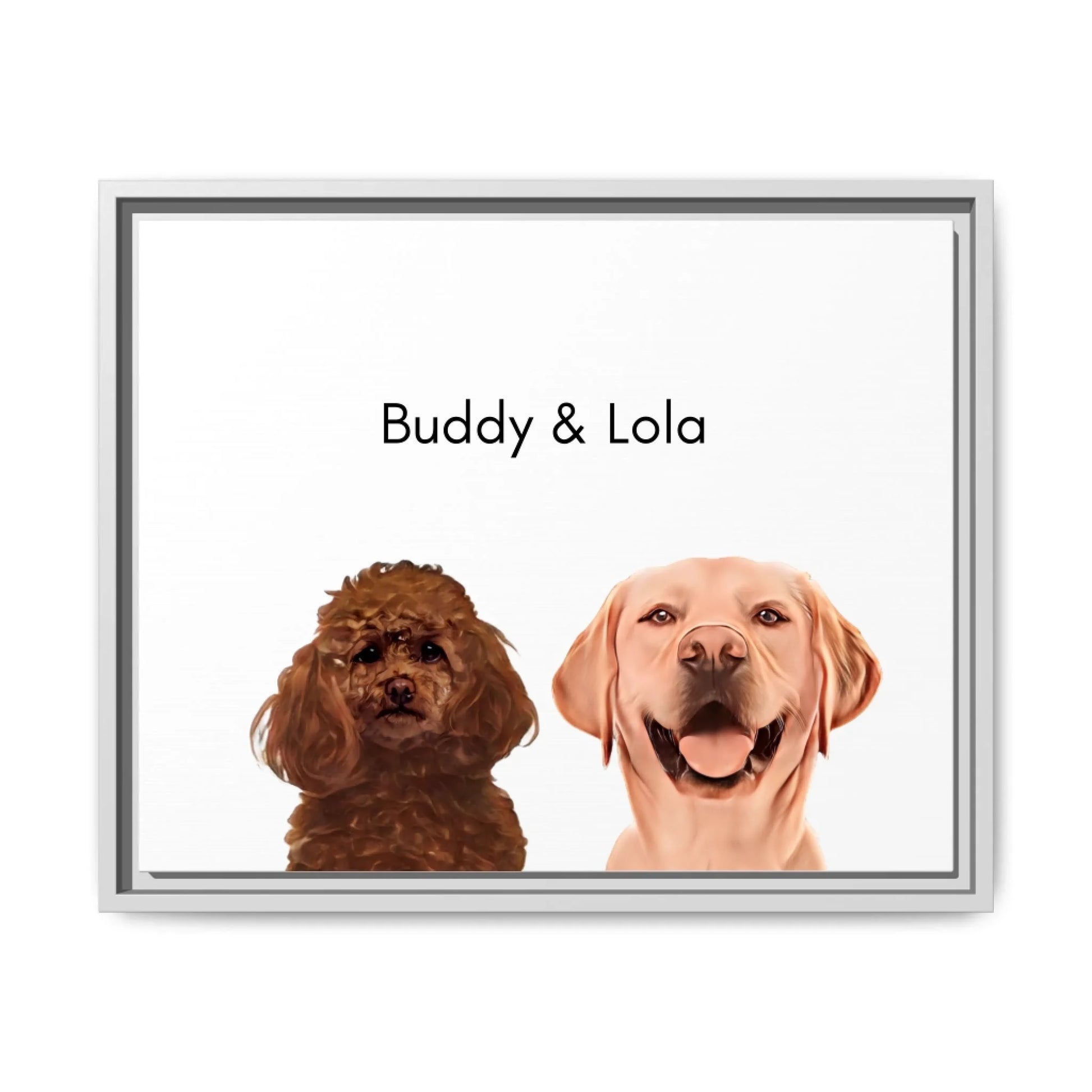Custom Dog Canvas, Painted Dog Portrait 2 Pets, white frame version