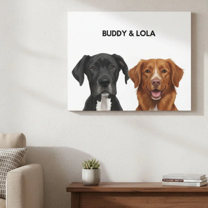 Custom dog canvas painted dog portrait with two pets in a stylish lifestyle setting