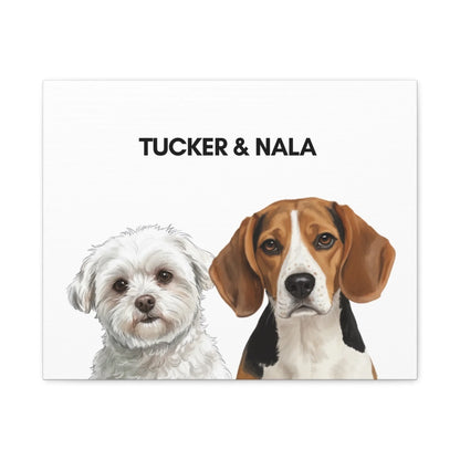 Frameless custom dog canvas with painted portrait of two pets, premium wall art
