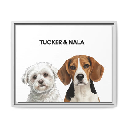 White frame custom dog canvas, painted portrait of two pets, bright modern décor