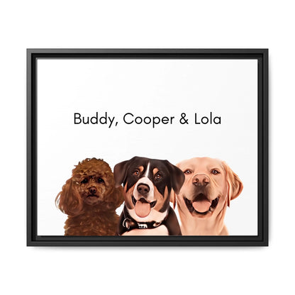 Custom Dog Canvas, Painted Dog Portrait 3 Pets, black frame version