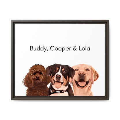 Custom Dog Canvas, Painted Dog Portrait 3 Pets, dark brown frame version