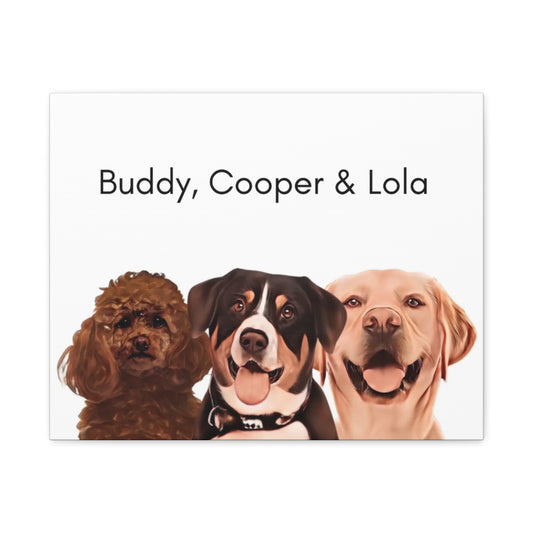 Custom Dog Canvas, Painted Dog Portrait 3 Pets, no frame version