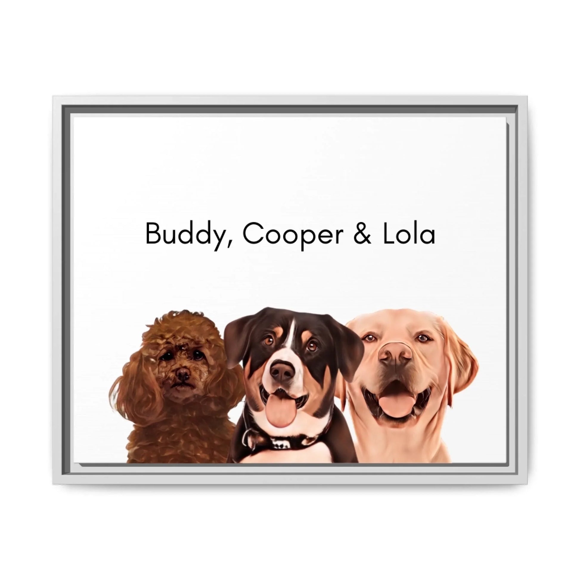 Custom Dog Canvas, Painted Dog Portrait 3 Pets, white frame version