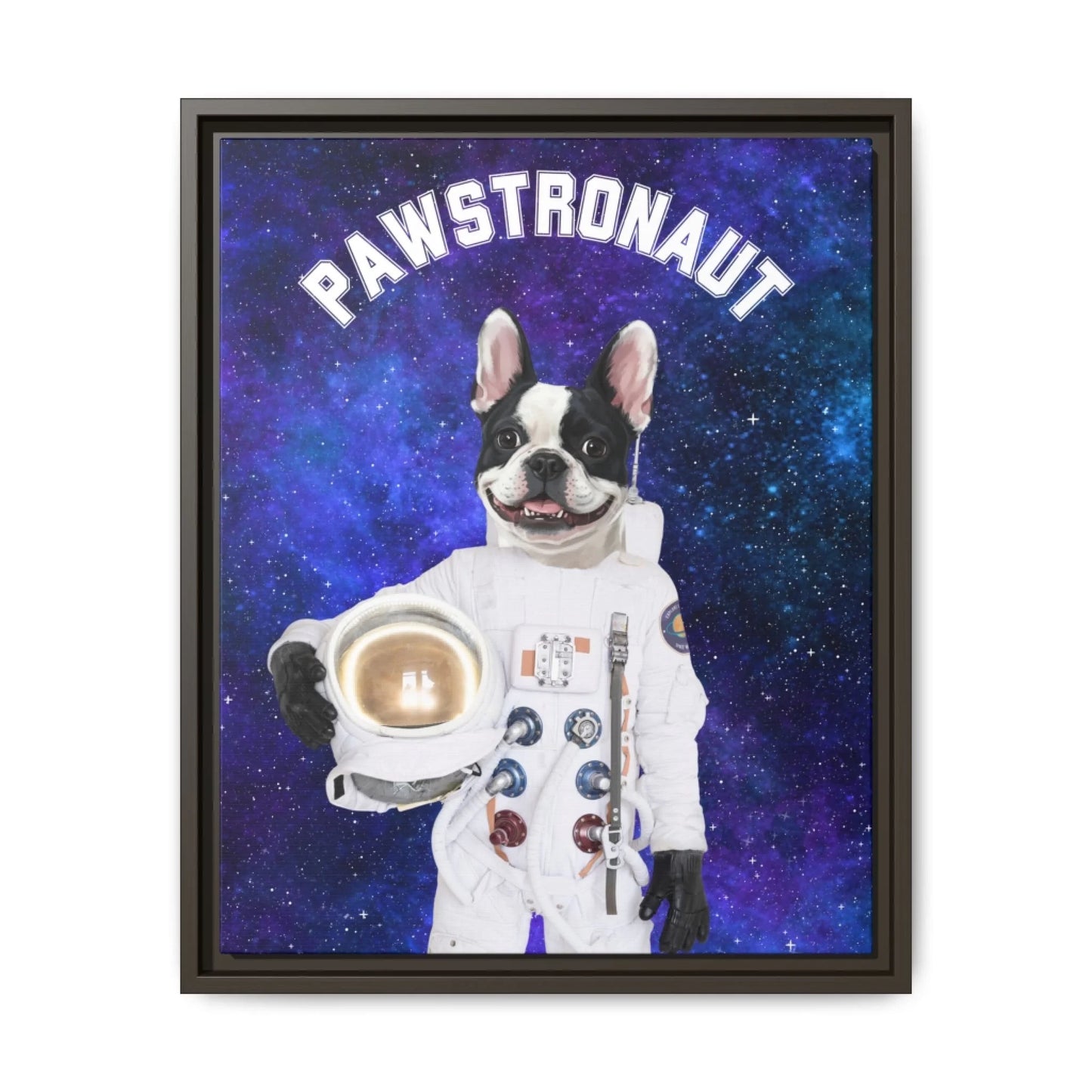 Custom Dog Canvas, Pawstronaut artwork with dark brown frame