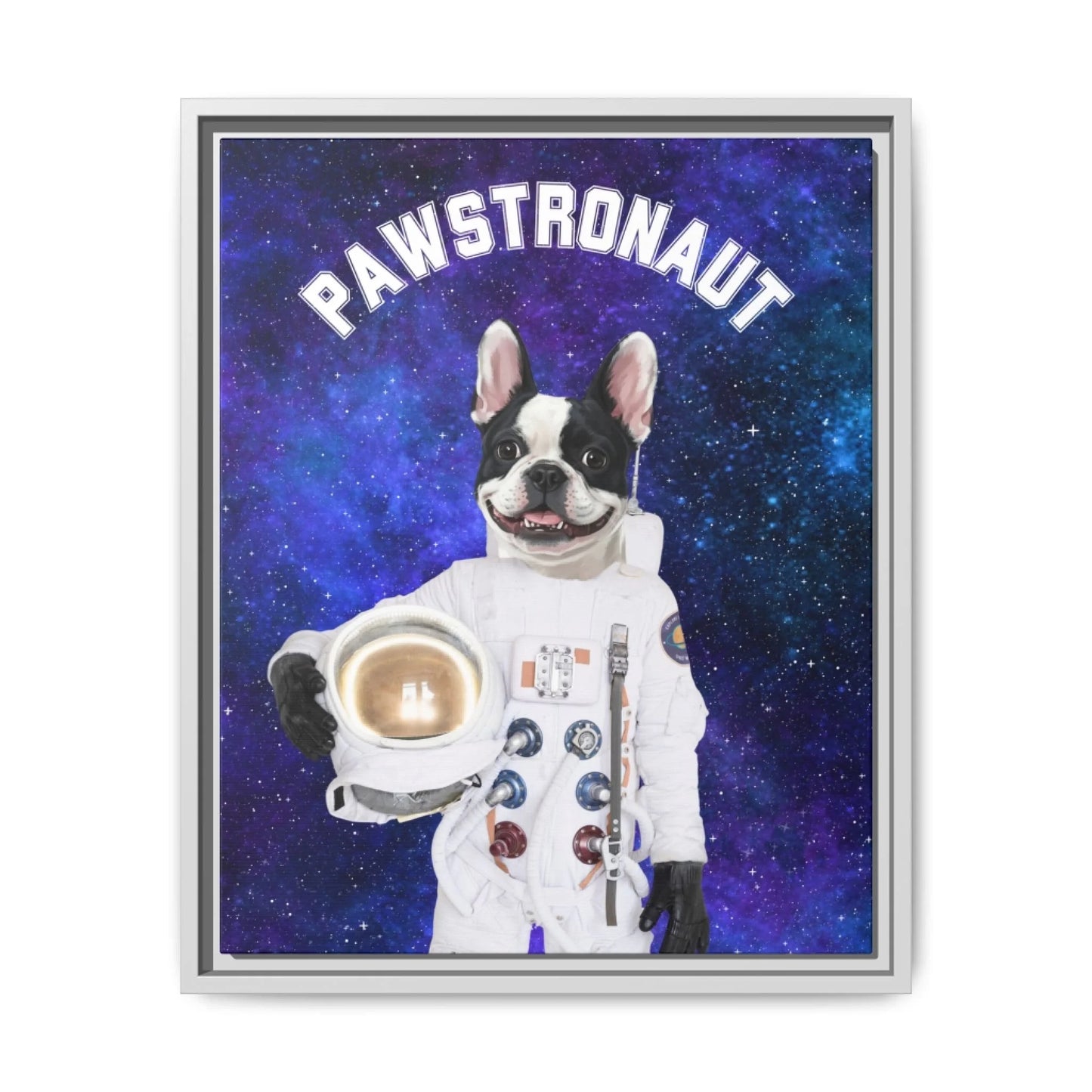 Custom Dog Canvas, Pawstronaut design with white frame