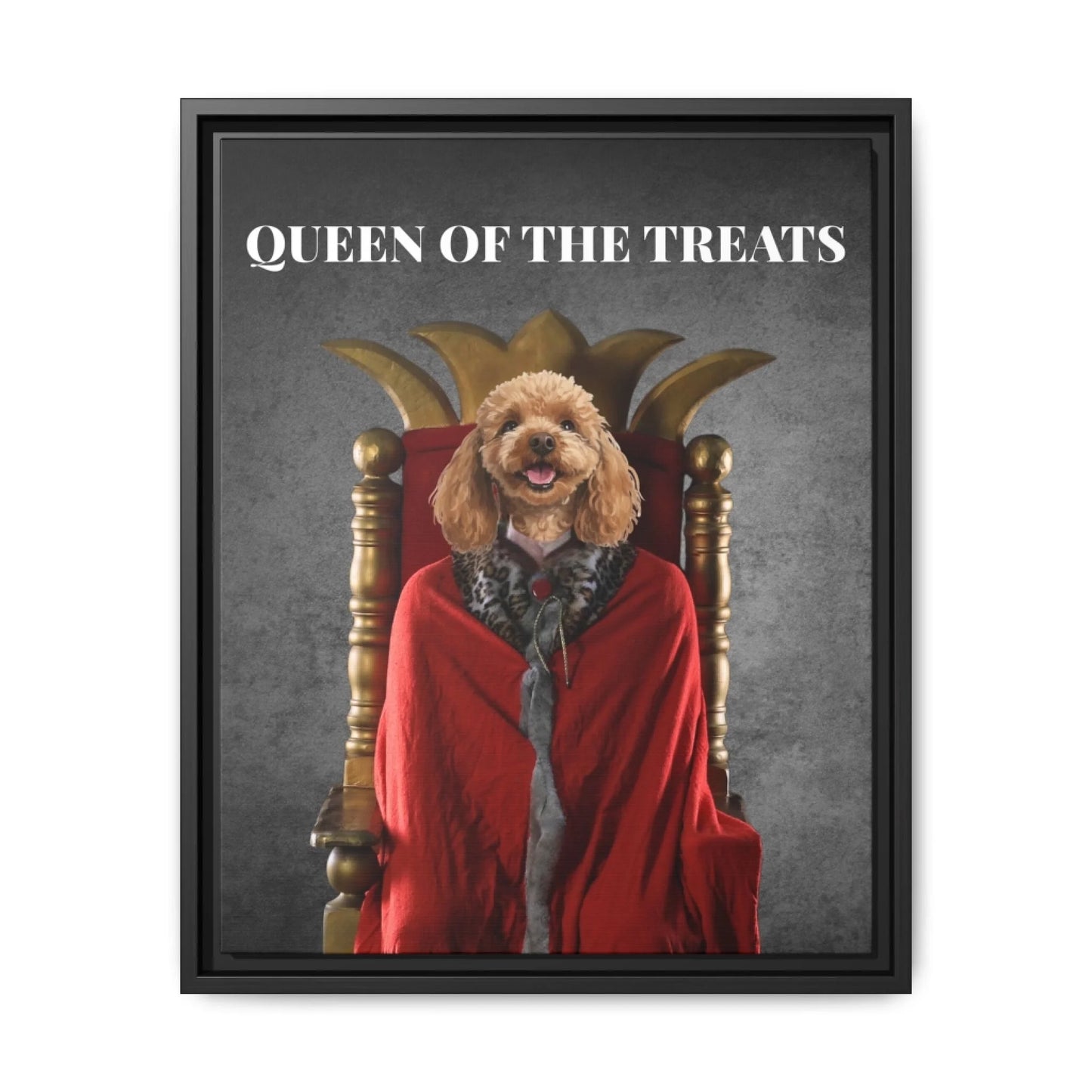 Custom Dog Canvas, Queen of the Treats design with black frame